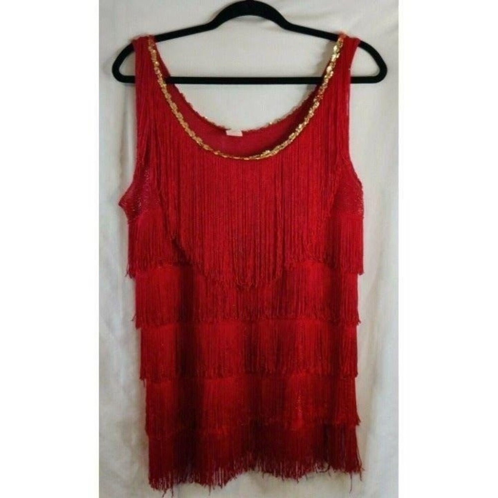 Vintage Womens Red Embellished Gold Sequin‎ Layered Fringe Tank Top